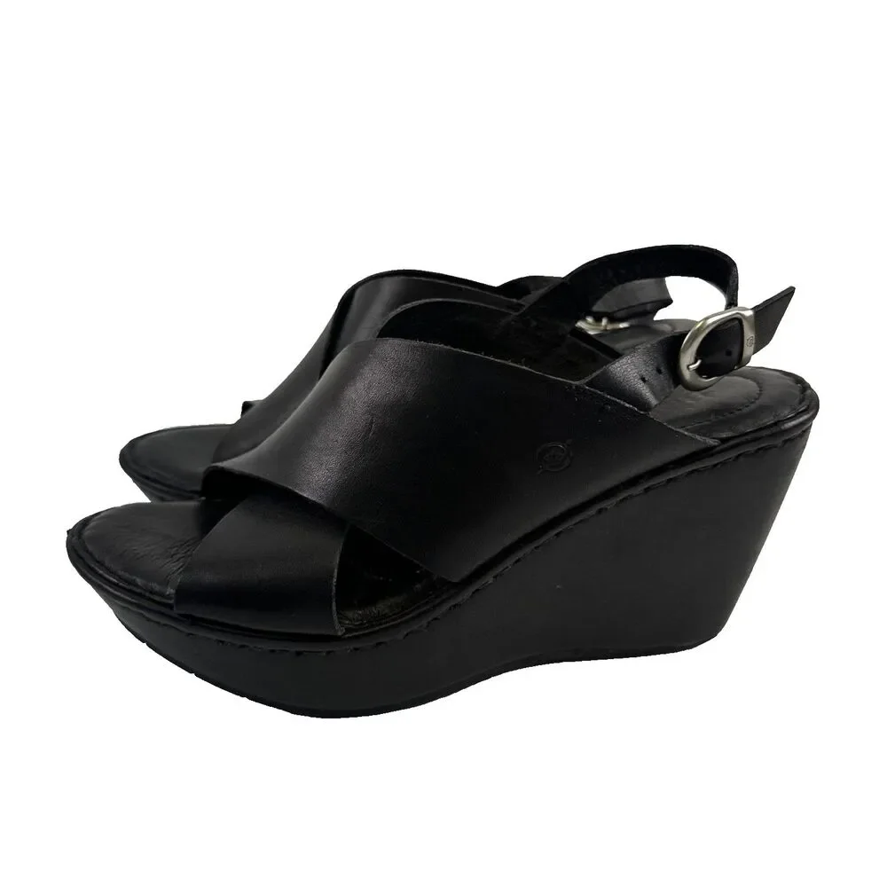 Born Emmy II Platform Slingback Sandal Black‎ Leather Buckle Straps Womens 10